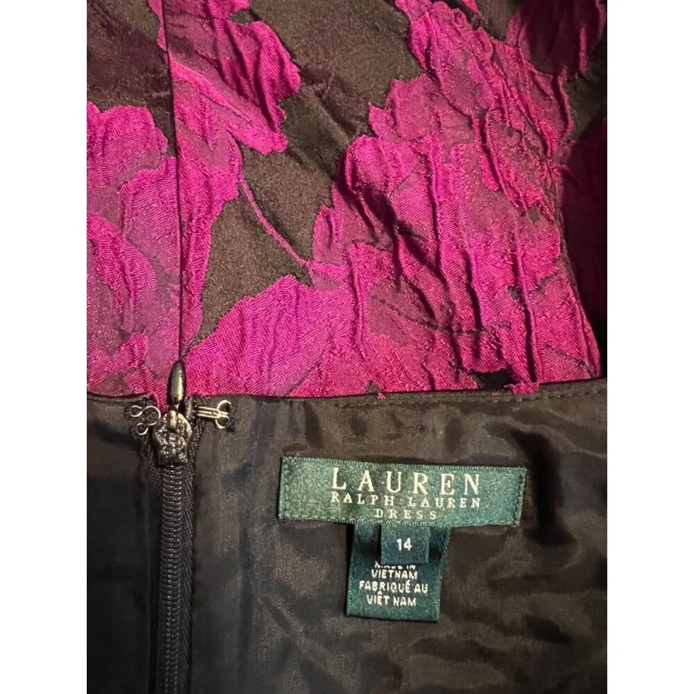 Ralph Lauren A Line Jacquard Dress 14 Pink Black Sleeveless Party Wedding - Picture 8 of 13